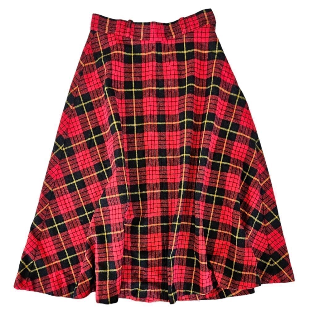 Vintage '70s Cucumber ILGWU Red Tartan Plaid Wool Midi A-Line Swing Skirt 9/10